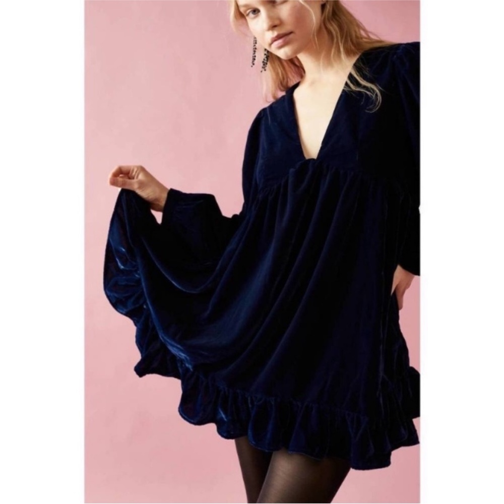 NEW Free People Estella dress blue velvet long sleeve mini XS